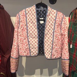 Reversible Cropped Floral Paisley Quilted Patchwork Jacket - Pink and Blue